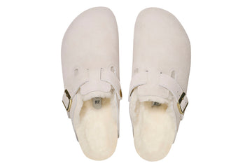 Birkenstock Boston R Antique White Suede Leather/Shearling Womens #color_white